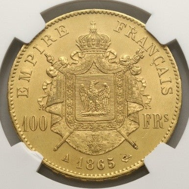 【希少性】★★★フランス 1865年A ナポレオン3世 100フラン金貨 UNC DETAILS(CLEANED):8366113-011